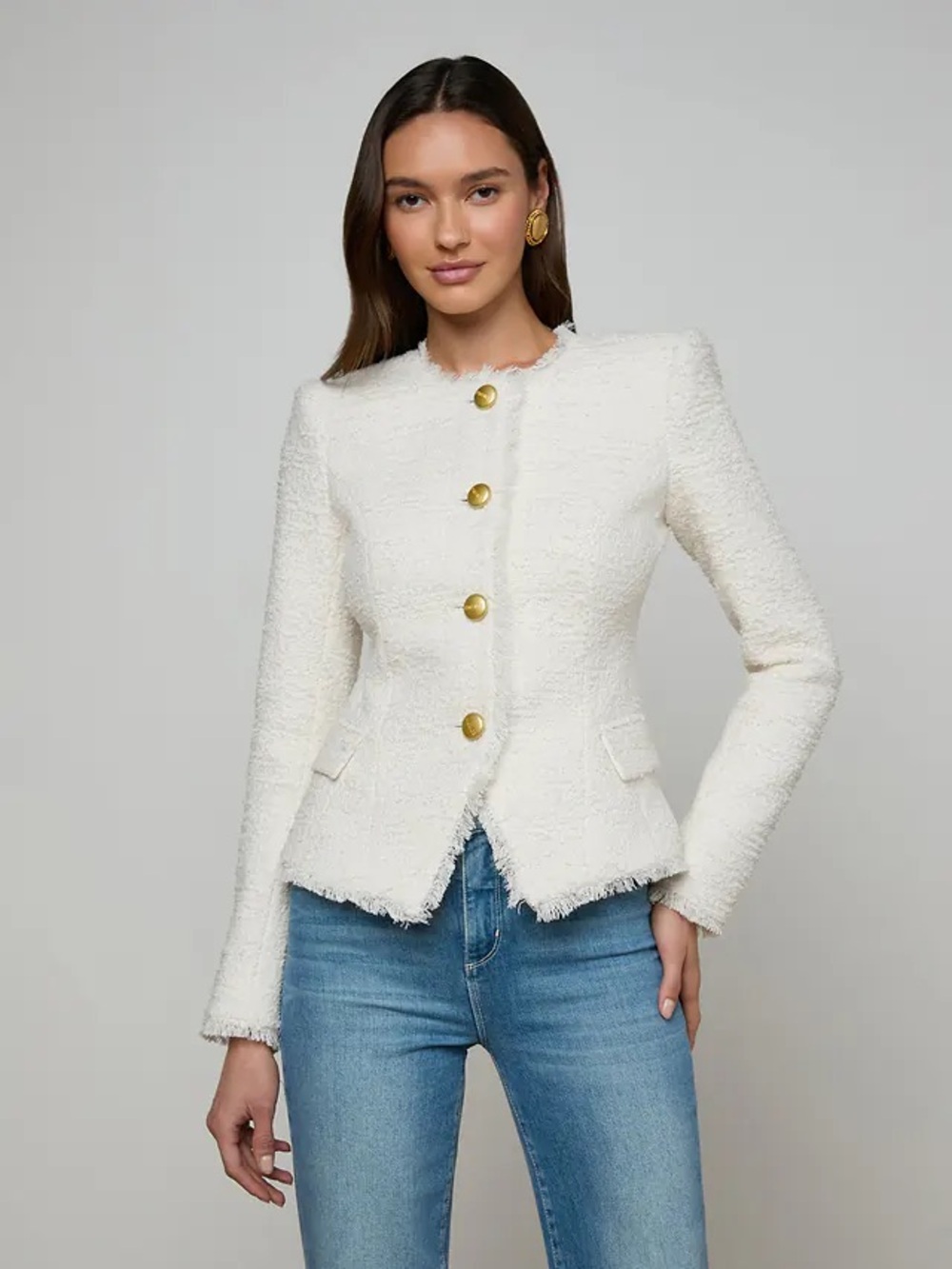 NWT L’AGENCE Nerina Tweed Blazer Ivory Collarless Jacket Size 12